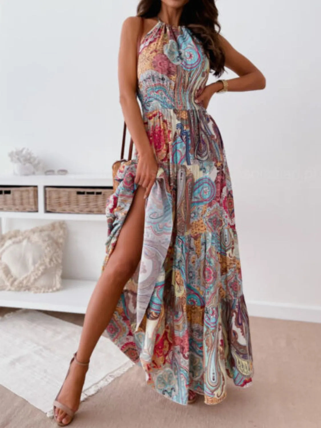 Printed Halter Neck Maxi Dress - -