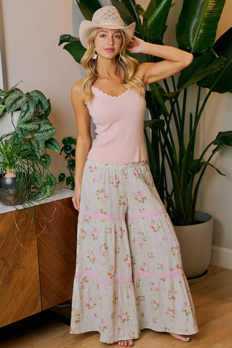 BiBi Rose Printed Gauze Trim Detail Smocked Maxi Pants - -