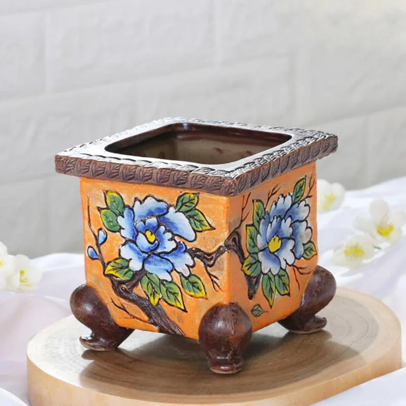 Korean-Style Hand-Painted Floral Ceramic Pot – Succulent & Bonsai Planter - - Planter
