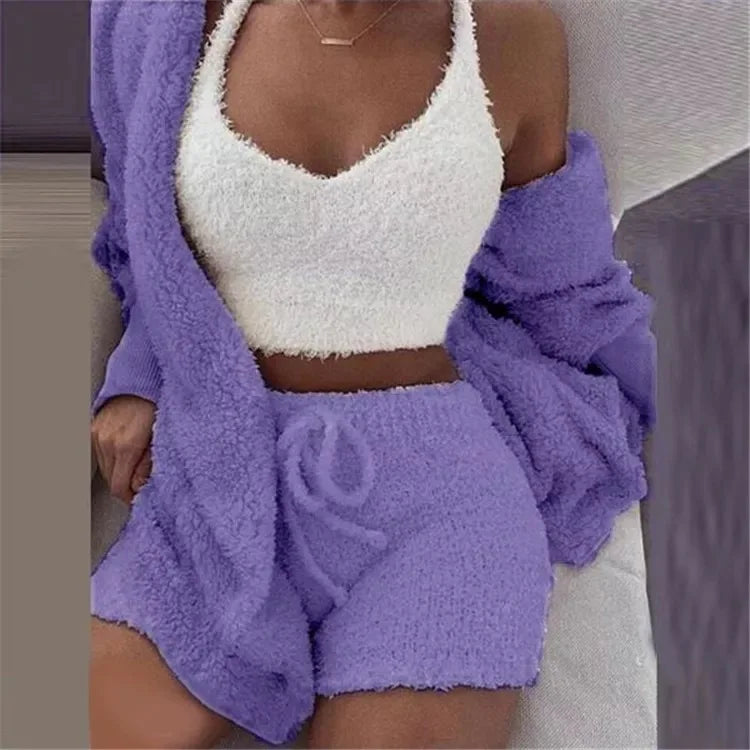 Pajama Sets Three Piece Sleepwear Womens Fluffy Warm Pajamas Short Set