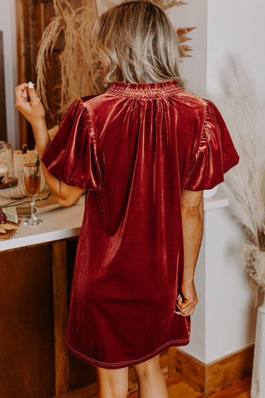 Cinnamon Velvet Smocked Neckline Puff Sleeve Shift Mini Dress - - Dresses/Mini Dresses