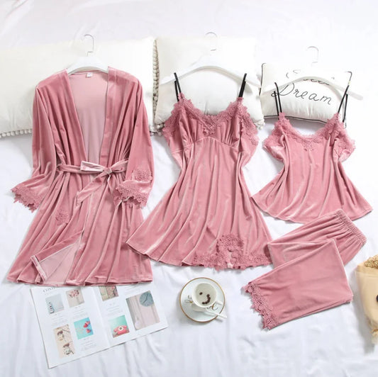 Velvet 4 Pieces Warm Winter Pajamas Sets Sleepwear Kit Sleeveless Nightwear