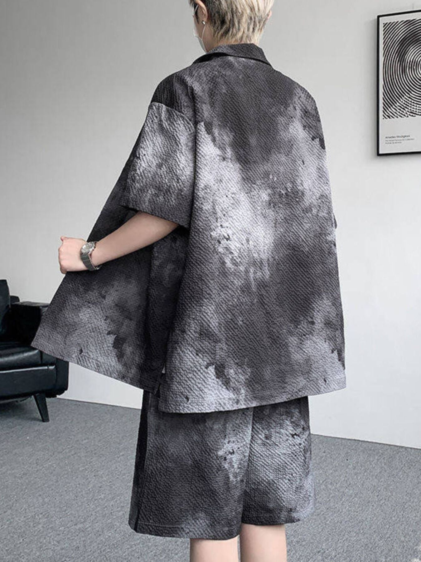 Men's Plus Size Tie-Dye Print Shirt and Shorts Set - -