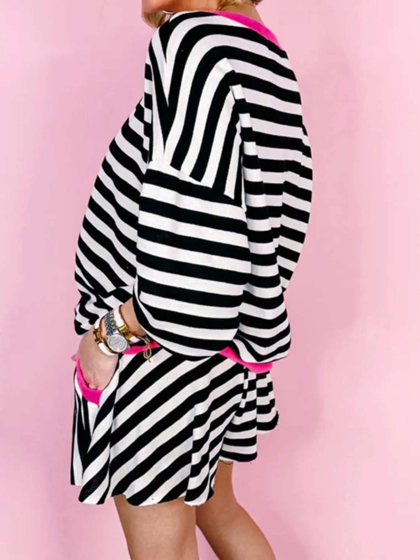 Stripe Contrast Ribbed Banding Long Sleeve Blouse and Loose Shorts Set- Shopimist- {{Product type}}