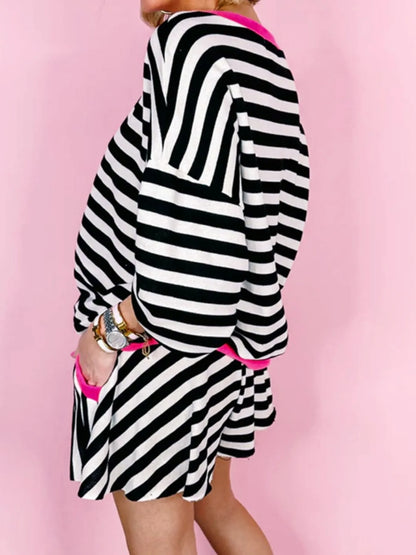 Stripe Contrast Ribbed Banding Long Sleeve Blouse and Loose Shorts Set- Shopimist- {{Product type}}