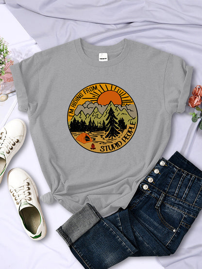 I'm Hiding From Stupid People Camping Scenery Women's Tops Hip-hop Fashion Street See size chart under “more details” - Gray - Tops
