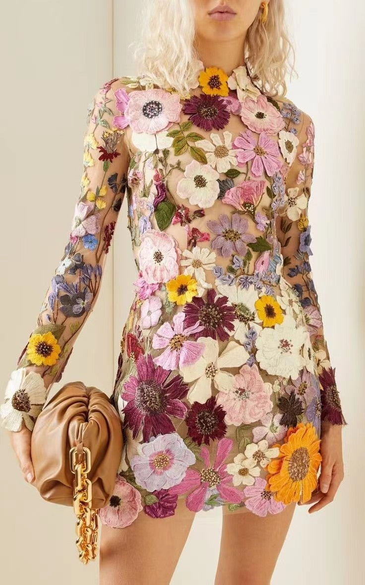 Elegant Luxury Floral Embroidery Party Dress - - dress