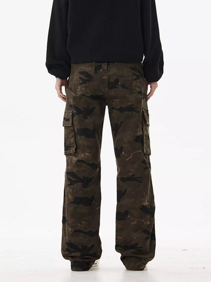 Men's Camo Print Relaxed Fit Cargo Jeans - -