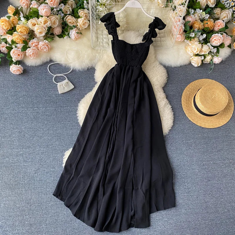 Women High Waist Elastic Slash Neck Women Long Dress Big Swing A-Line Slit Dress