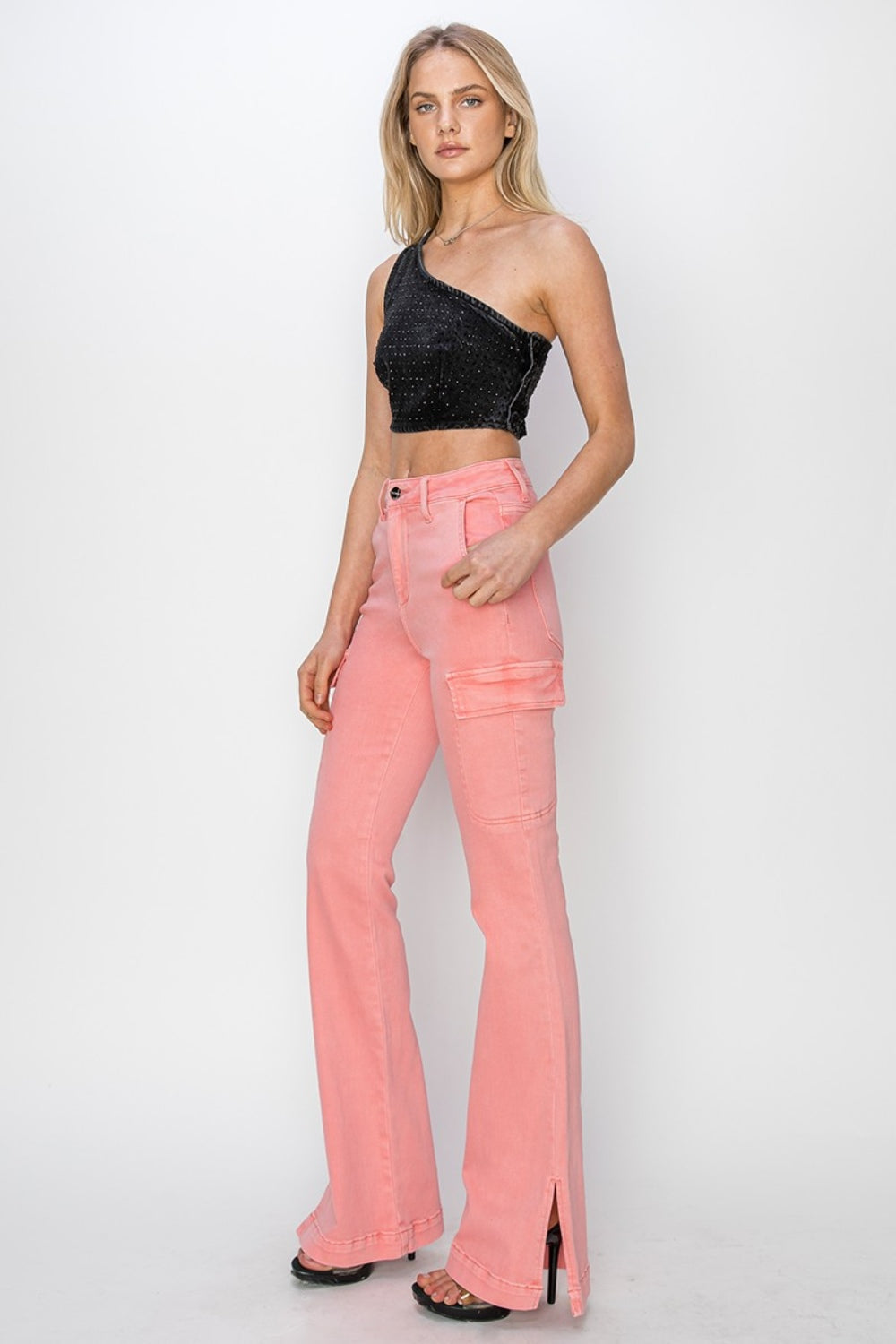 RISEN Pink Side Slit Cargo Bootcut Jeans - - jeans