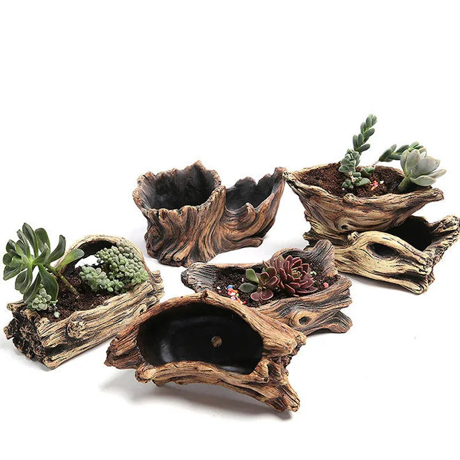 Driftwood Planter Wood Vintage Plant Container Cement Flower Pot