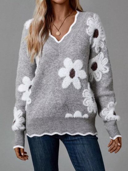 Floral V-Neck Long Sleeve Sweater - -