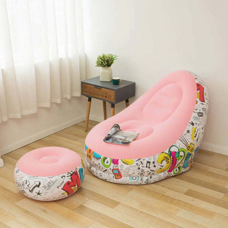 Thick Inflatable Lazy Chair with Footstool - Pink Graffiti Flocking Surface-Sofa 116x96x83cm - chair