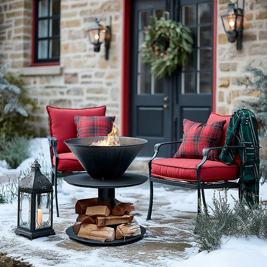 Outdoor Iron Pedestal Fire Bowl and Log Holder - - fire pit