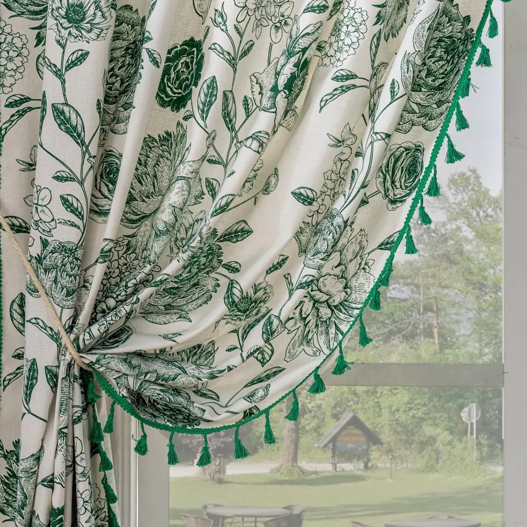 Green Floral 63 Inch Length Window Curtains 2 Panels - Kia Day Design