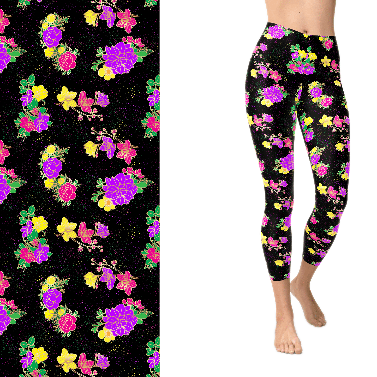 Neon Painted Flowers Full Length leggings with Pockets - - LEGGINGS & CAPRIS