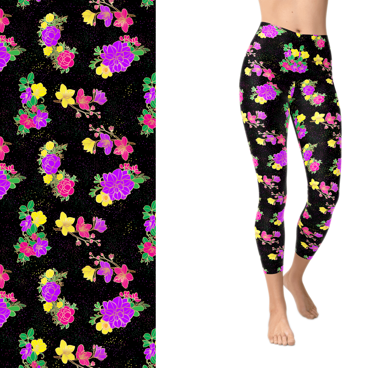 Neon Painted Flowers Full Length leggings with Pockets - - LEGGINGS & CAPRIS