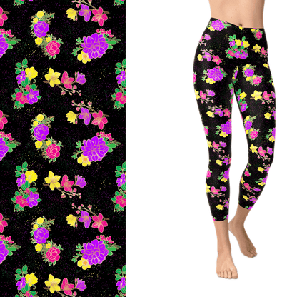 Neon Painted Flowers Full Length leggings with Pockets - - LEGGINGS & CAPRIS