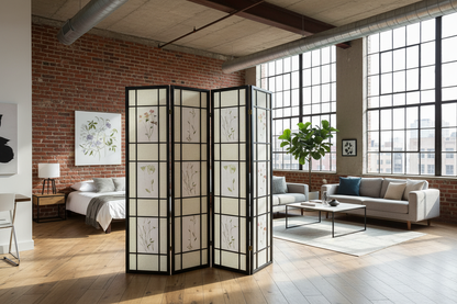 Floral 4 Panel Room Divider - White+black 4 Panel 69.5"W x 0.75"D x 70.25"H - room divider
