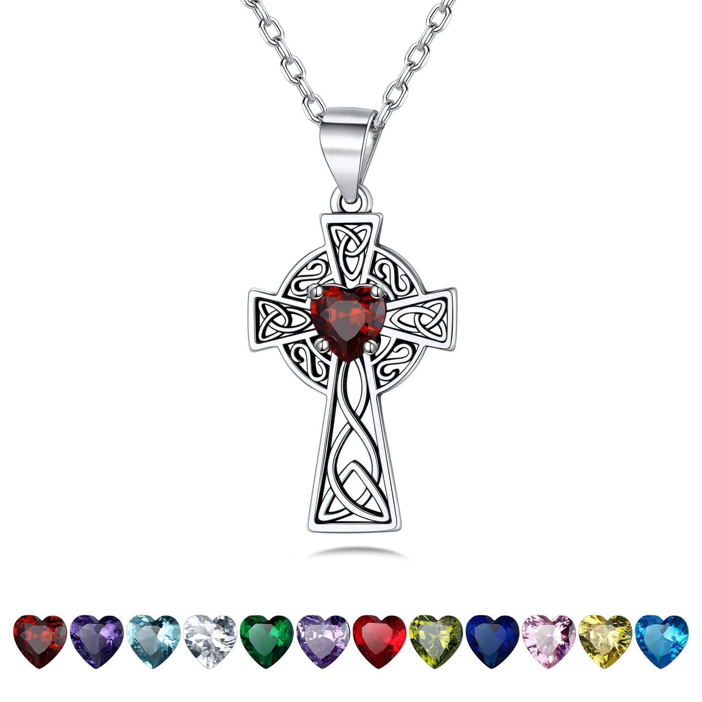 925 Sterling Silver Vintage Celtic Cross Necklace Pendant Serenity Prayer Amulet Necklace Women Silver Heart Red Garnet Gemstone January Birthstone Necklace with 18+2 Inch Silver Rolo Chain