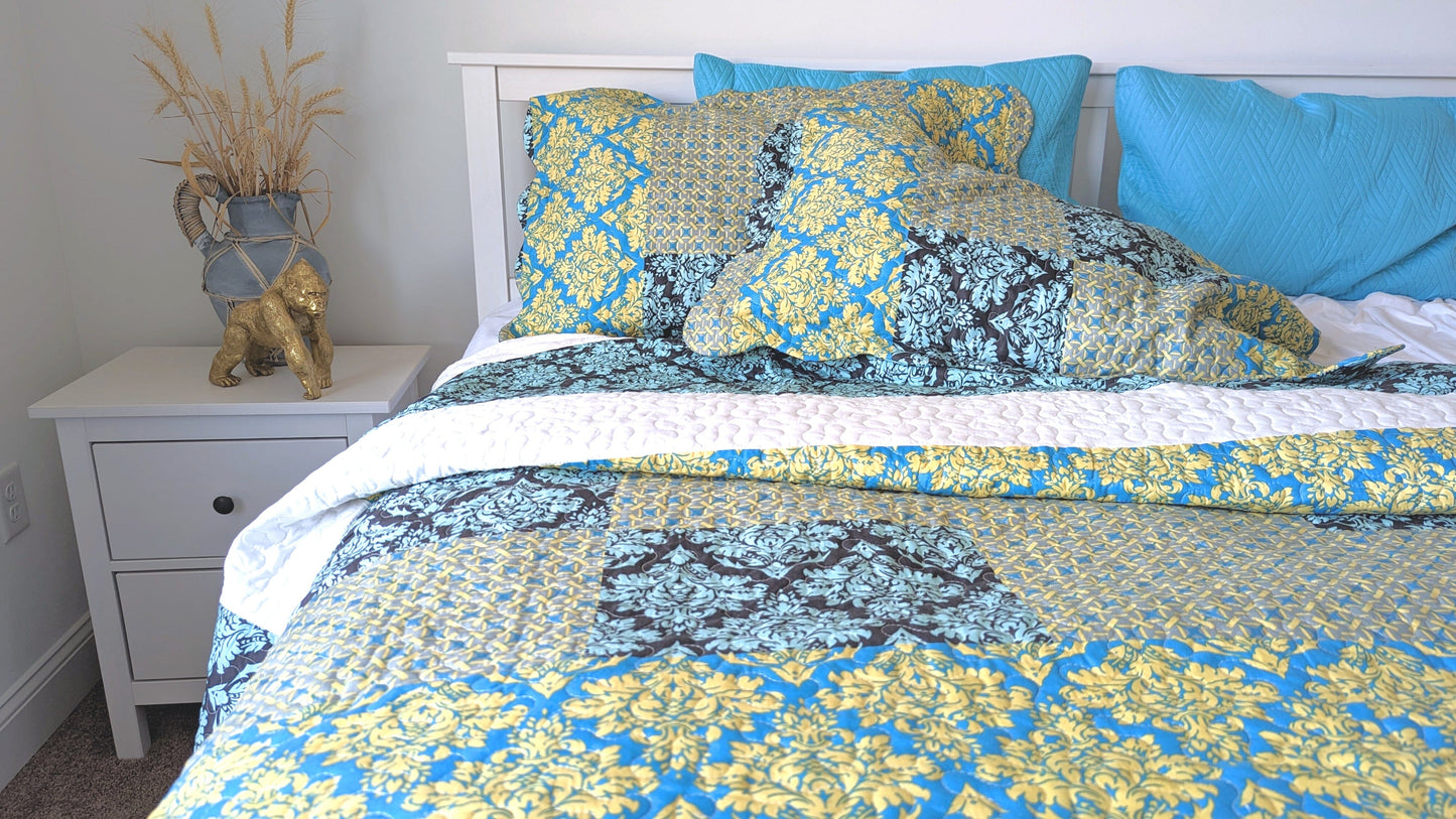 Tache Damask Ornate Baroque Teal Turquoise Blue Green Scalloped Quilt Set (SD-3300) - - Quilt / Bedspread