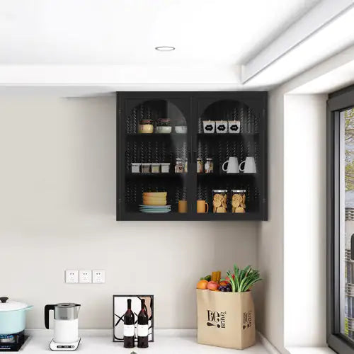 Black Two-door Wall Cabinet with Glass Doors - Kia Day Design