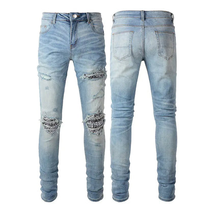 Men's Slim Fit Ripped Jeans with Floral Pattern