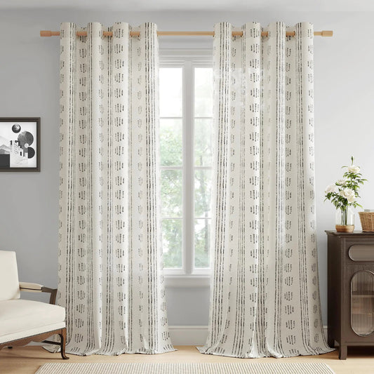 Black & Beige Striped Geometric 84-Inch-Long Linen Grommet Top Light Filtering Curtains 2 Panel - Kia Day Design