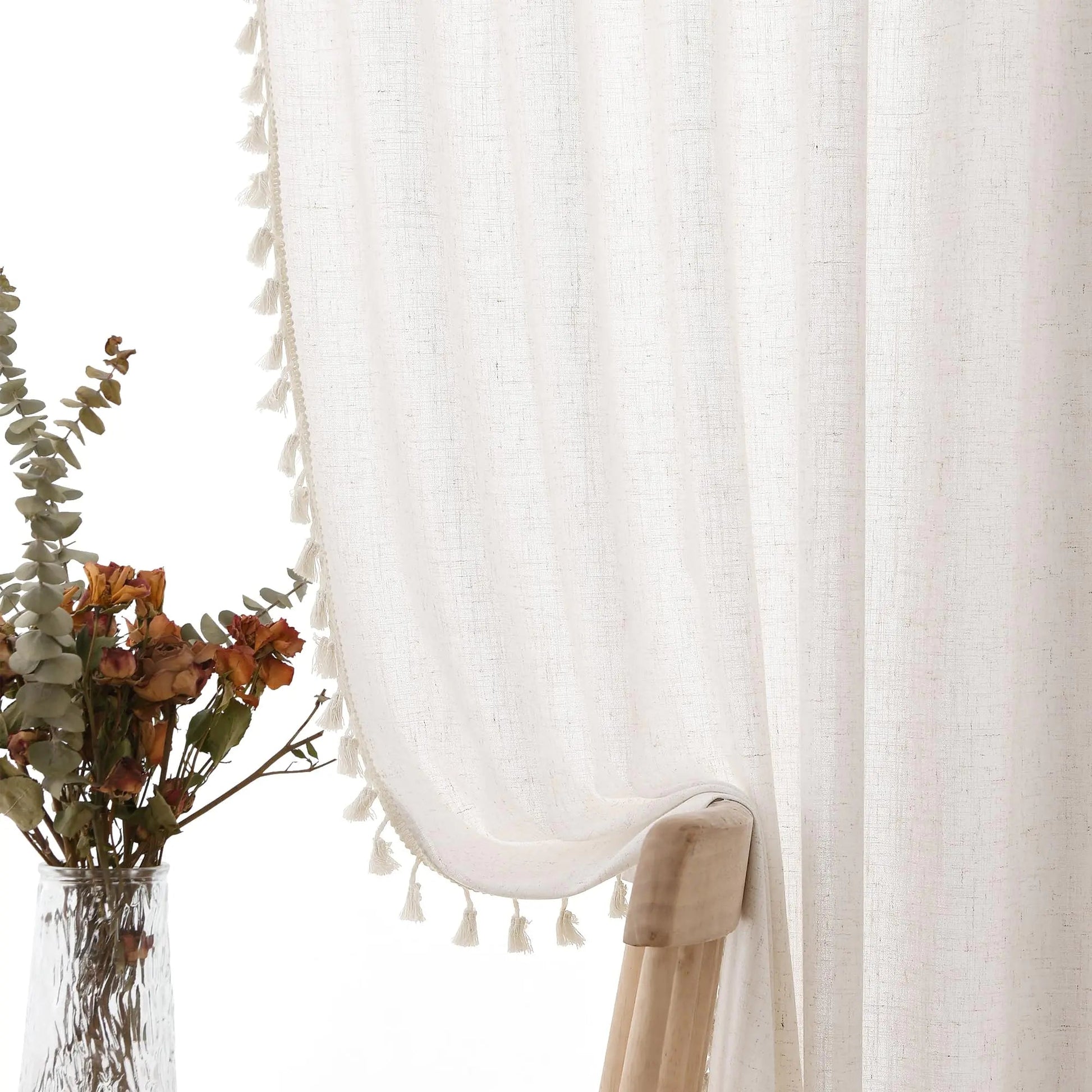 Cream Linen Semi Sheer Curtains 2 Panels Rod Pocket Back Tab Top Light Filtering 38x72 - Kia Day Design