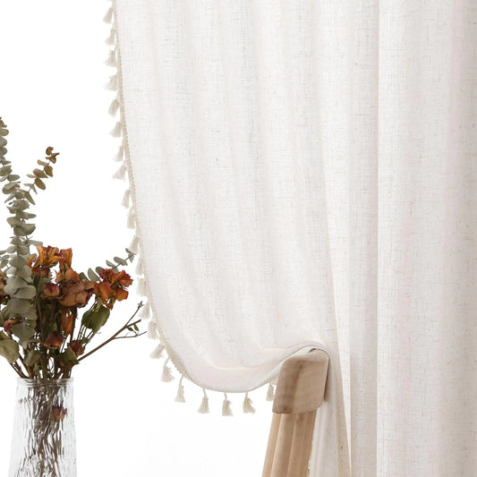 Cream Linen Semi Sheer Curtains 2 Panels Rod Pocket Back Tab Top Light Filtering 38x72 - Kia Day Design