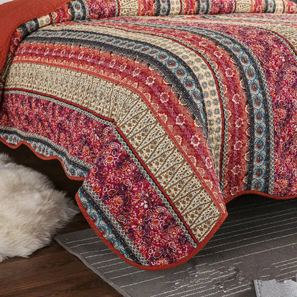 Red Cotton Linen Quilt Set with Bed Cover 3 Pc - Kia Day Design