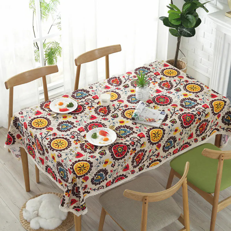 Sunflower Cotton Linen Tablecloth with Vintage Lace - Kia Day Design
