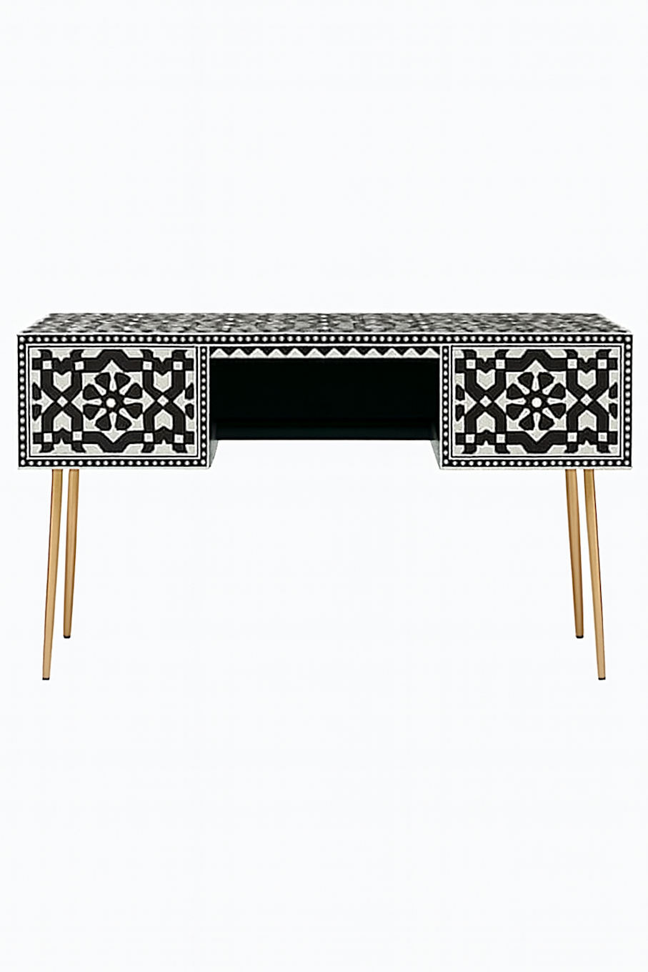 Black & White Bone Inlay Console Desk with Gold Metal Legs - - Home & Garden