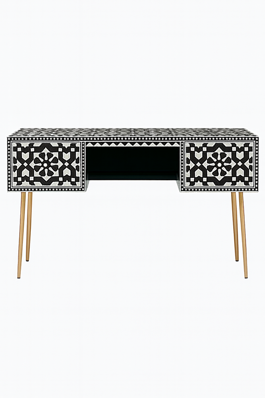 Black & White Bone Inlay Console Desk with Gold Metal Legs - - Home & Garden