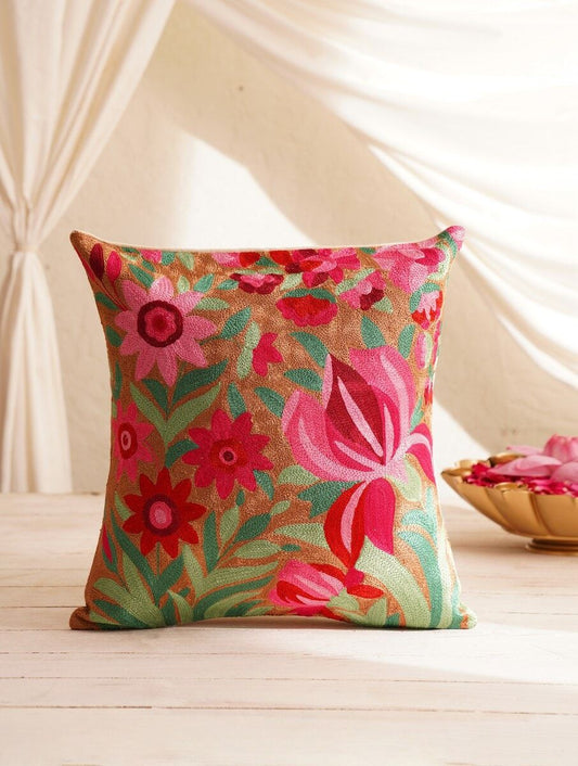 Multicolour Kashmiri Crewel Cotton & Silk Cushion Cover - 19 x 16 Inch Multicolour - Pillowcases