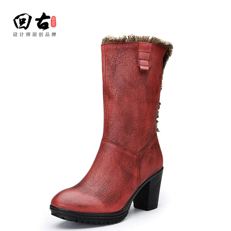 Winter Vintage Leather Mid-Calf Chunky Heeled Boots