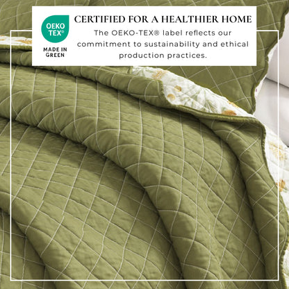 Floral Print & Scallopeded Edge Cotton Quilt Set - Illiana Collection - - Quilts & Comforters