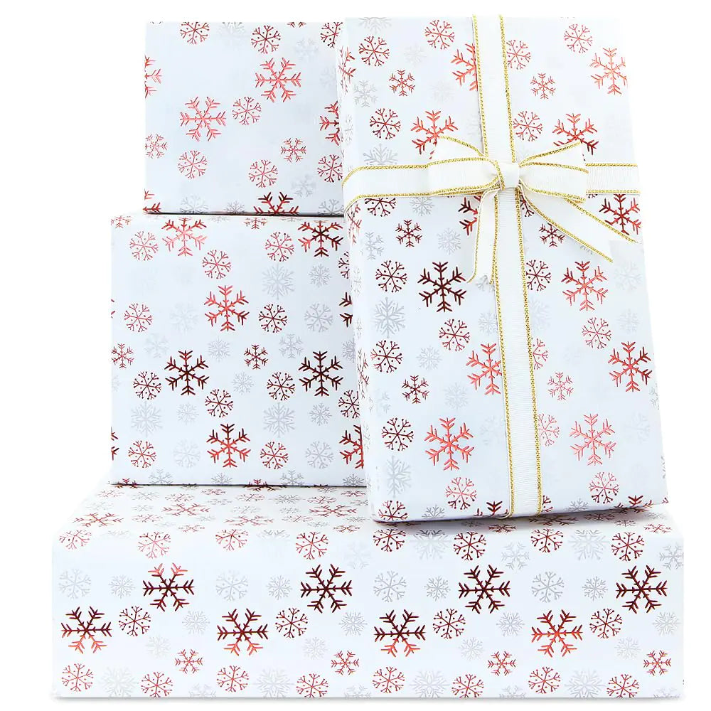 Snowflake Christmas Wrapping Paper Luxurious Aluminum Foil Shiny Simple Gift Wrap Paper Set of 4 sheets Paper and Gold Edged Ribbon Folded Flat 20x28 inches per sheet， Unique Xmas Decorative Paper Kia Day Design