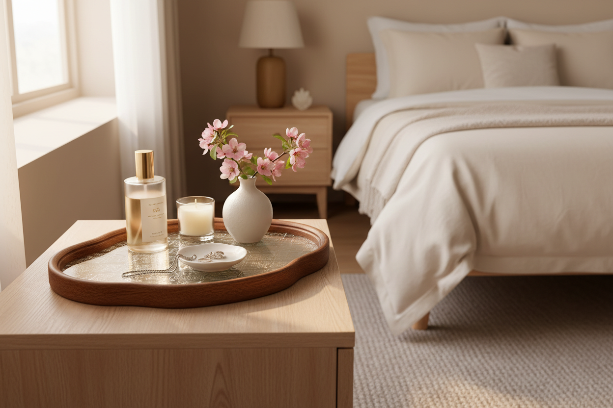 IwaiLoft Glass Serving Tray with The Crabapple Pattern Wood Edge Decorative Tray - - tray