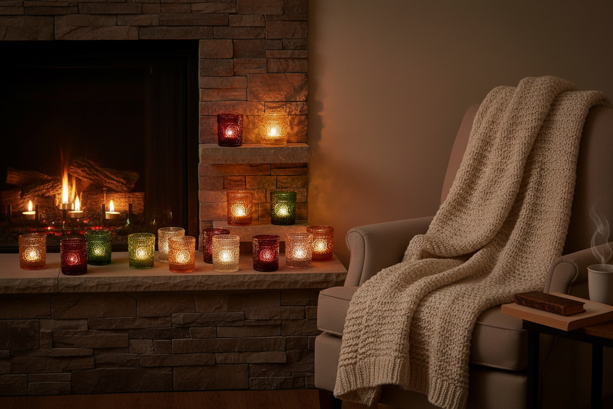 12 pc Embossed Multi Colored Glass Votive Candle Holder Set - - candle holder