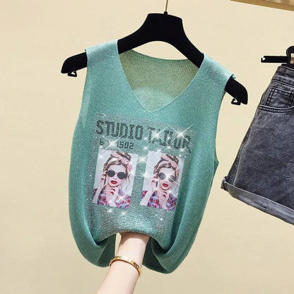 Glitter Print Tank Top - Green One Size -