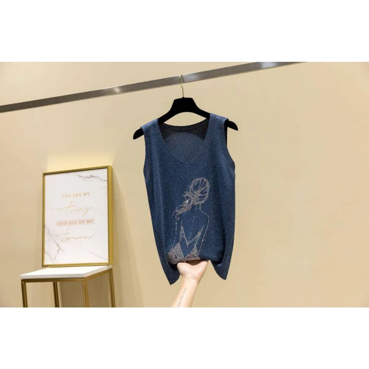 Glitter Print Tank Top - Blue One Size -