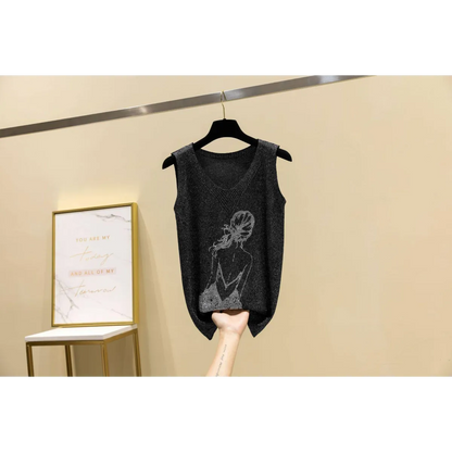 Glitter Print Tank Top - Black One Size -