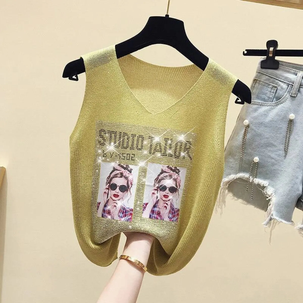 Glitter Print Tank Top - Yellow One Size -