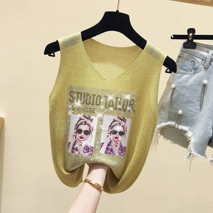 Glitter Print Tank Top - Yellow One Size -
