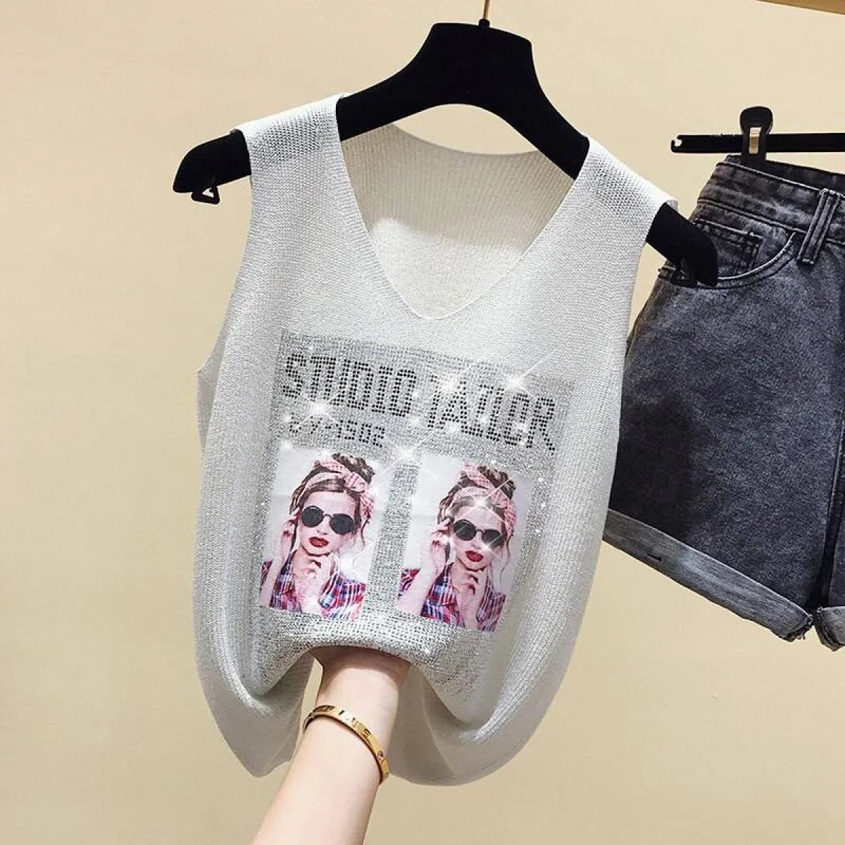 Glitter Print Tank Top - White One Size -
