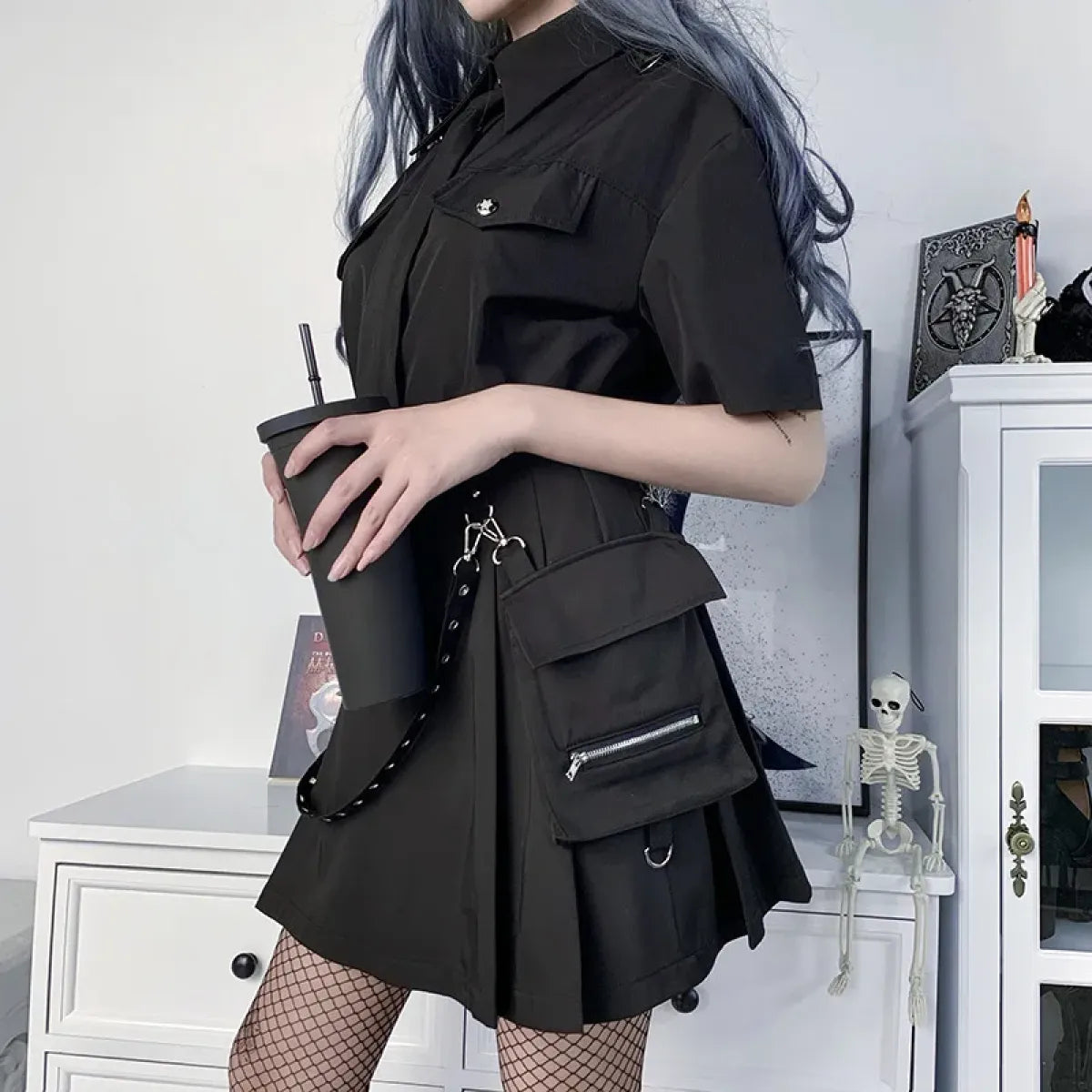 Gothic Punk High Waist Mini Skirt – Chain Straps & Utility Pockets - - Skirts