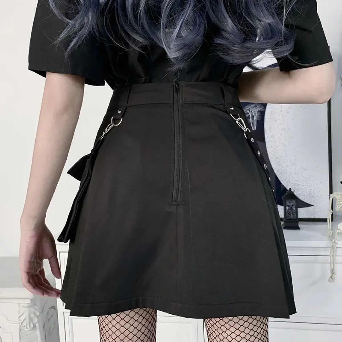Gothic Punk High Waist Mini Skirt – Chain Straps & Utility Pockets - - Skirts