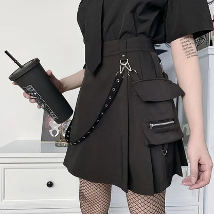 Gothic Punk High Waist Mini Skirt – Chain Straps & Utility Pockets - - Skirts