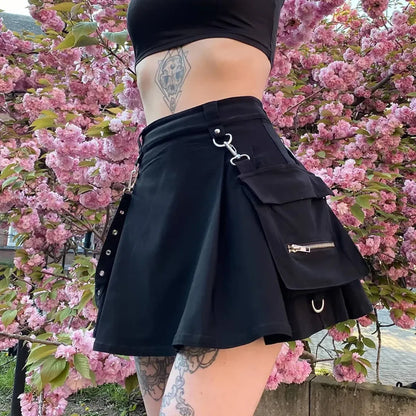 Gothic Punk High Waist Mini Skirt – Chain Straps & Utility Pockets - - Skirts